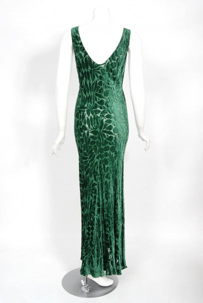 1930&#39;s Emerald Green Leaf Motif Sheer Silk Velvet Bias-Cut Gown &amp; Bolero