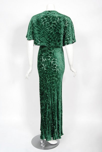 1930's Emerald Green Leaf Motif Sheer Silk Velvet Bias-Cut Gown & Bolero 1930's Emerald Green Leaf Motif Sheer Silk Velvet Bias-Cut Gown & Bolero