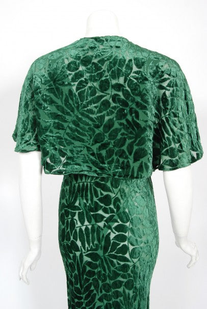 1930&#39;s Emerald Green Leaf Motif Sheer Silk Velvet Bias-Cut Gown &amp; Bolero