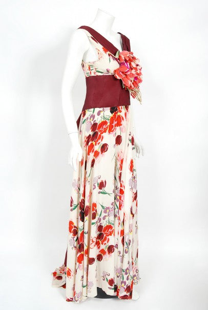 1930&#39;s Floral Garden Red Maroon Print Silk Bouquet Appliqué Couture Gown