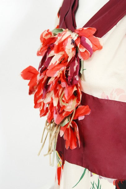 1930&#39;s Floral Garden Red Maroon Print Silk Bouquet Appliqué Couture Gown