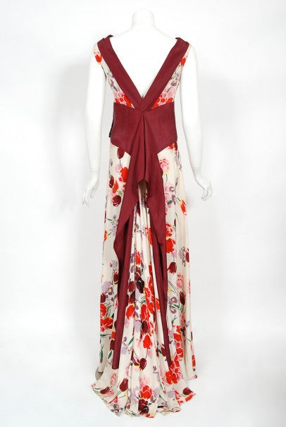 1930&#39;s Floral Garden Red Maroon Print Silk Bouquet Appliqué Couture Gown