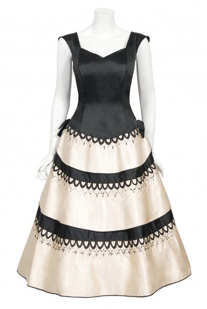 1950&#39;s Emilio Schuberth Couture Black &amp; Ivory Embroidered Satin Dress