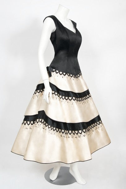 1950&#39;s Emilio Schuberth Couture Black &amp; Ivory Embroidered Satin Dress