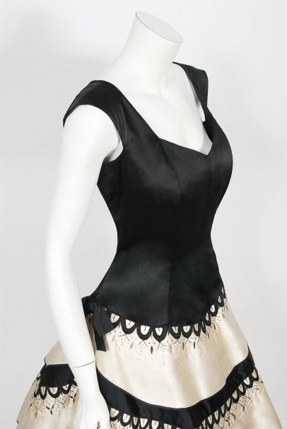 1950&#39;s Emilio Schuberth Couture Black &amp; Ivory Embroidered Satin Dress