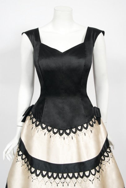 1950&#39;s Emilio Schuberth Couture Black &amp; Ivory Embroidered Satin Dress