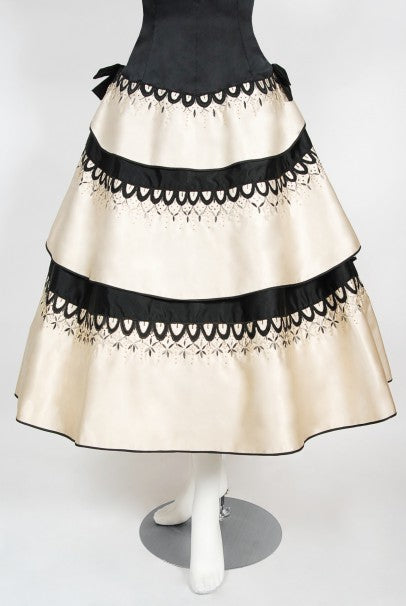 1950&#39;s Emilio Schuberth Couture Black &amp; Ivory Embroidered Satin Dress
