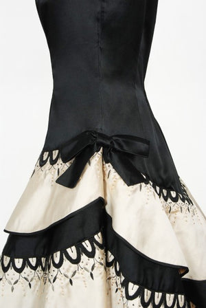 1950's Emilio Schuberth Couture Black & Ivory Embroidered Satin Dress