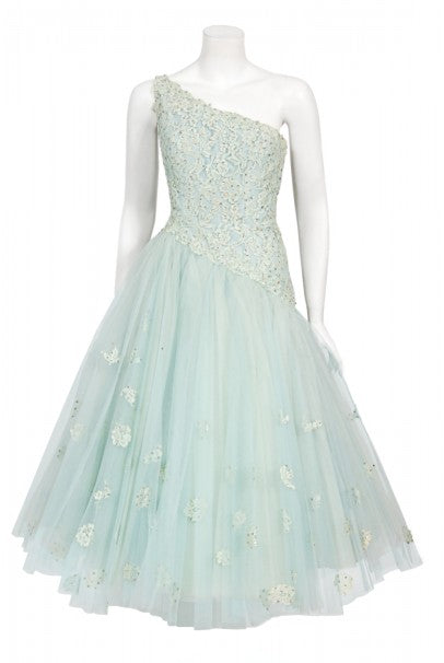1950&#39;s Edith Small Seafoam Blue Rhinestone Lace Tulle One-Shoulder Dress