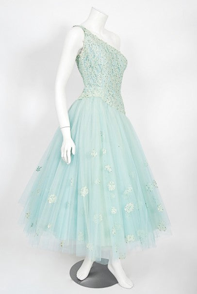 1950's Edith Small Seafoam Blue Rhinestone Lace Tulle One-Shoulder Dress
