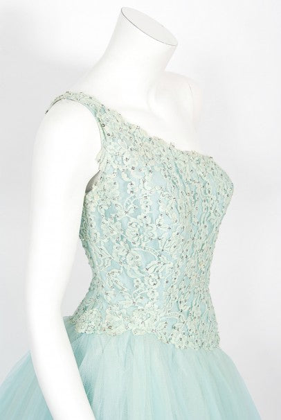1950&#39;s Edith Small Seafoam Blue Rhinestone Lace Tulle One-Shoulder Dress
