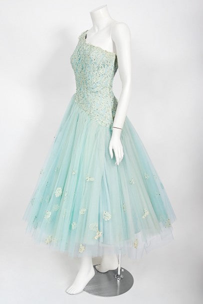 1950&#39;s Edith Small Seafoam Blue Rhinestone Lace Tulle One-Shoulder Dress