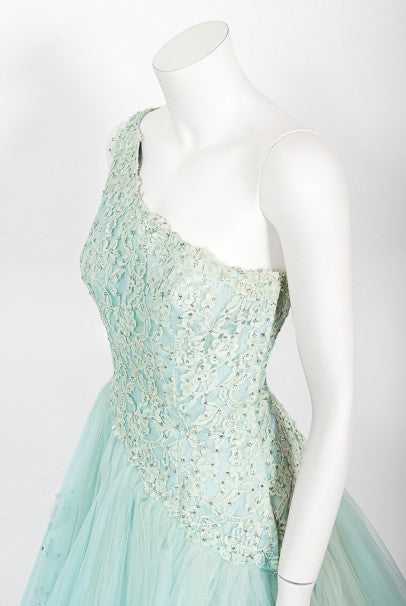 1950&#39;s Edith Small Seafoam Blue Rhinestone Lace Tulle One-Shoulder Dress