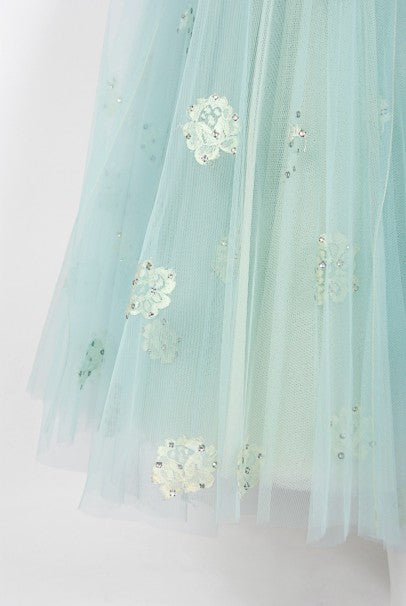 1950&#39;s Edith Small Seafoam Blue Rhinestone Lace Tulle One-Shoulder Dress