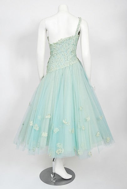 1950&#39;s Edith Small Seafoam Blue Rhinestone Lace Tulle One-Shoulder Dress