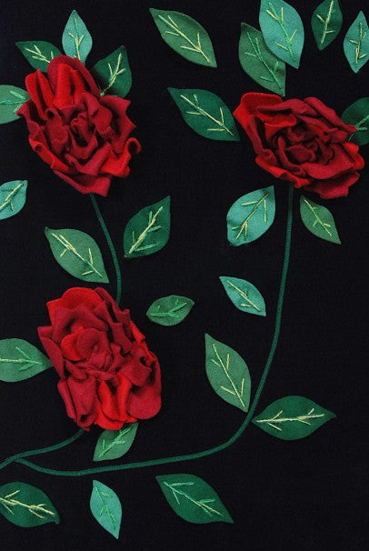1950&#39;s Juli Lynne Charlot Red Roses Appliqué Black Velvet Full Dress