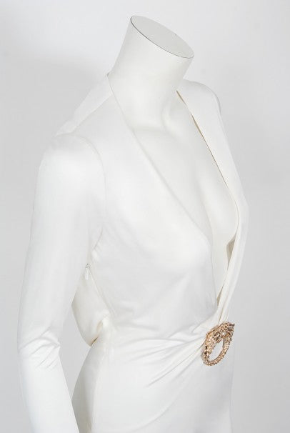tom ford gucci white cut out dress 2004 Gucci by Tom Ford Rare White Silk-Jersey Plunge Cut Out Finale Gown