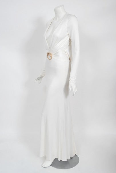 gucci white dress 2004 by Tom Ford Rare Silk-Jersey Plunge Cut Out Finale Gown Scoop neck Sleeveless 2004 Gucci by Tom Ford