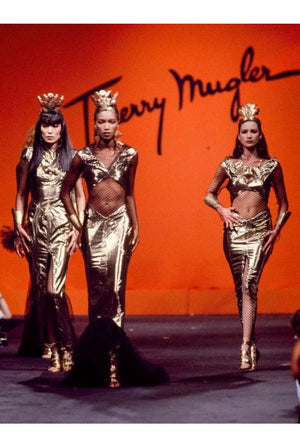 1985 Thierry Mugler Couture Metallic Gold Lamé & Fishnet High-Slit Gown