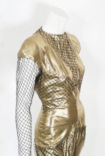 1985 Thierry Mugler Couture Metallic Gold Lam & Fishnet High-Slit Gown 1985 Thierry Mugler Couture Metallic Gold Lam & Fishnet High-Slit Gown