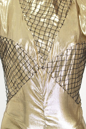 1985 Thierry Mugler Couture Metallic Gold Lamé & Fishnet High-Slit Gown