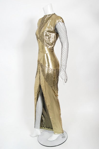 1985 Thierry Mugler Couture Metallic Gold Lamé & Fishnet High-Slit Gow