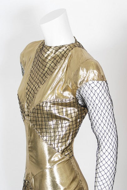 1985 Thierry Mugler Couture Metallic Gold Lam & Fishnet High-Slit Gow - Timeless Vixen 1985 Thierry Mugler Couture Metallic Gold Lam & Fishnet High-Slit Gow - Timeless Vixen