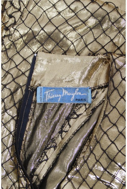 1985 Thierry Mugler Couture Metallic Gold Lam & Fishnet High-Slit Gow - Timeless Vixen 1985 Thierry Mugler Couture Metallic Gold Lam & Fishnet High-Slit Gow - Timeless Vixen
