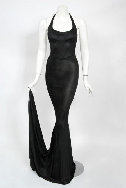 1998 Azzedine Alaia Black Knit Hourglass Halter Bias-Cut Trained Gown
