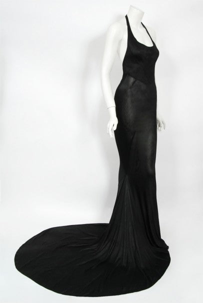 1998 Azzedine Alaia Black Knit Hourglass Halter Bias-Cut Trained Gown