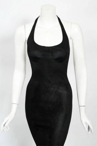 1998 Azzedine Alaia Black Knit Hourglass Halter Bias-Cut Trained Gown