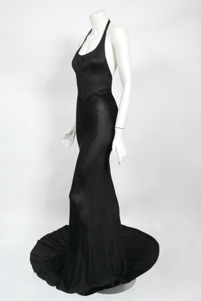 1998 Azzedine Alaia Black Knit Hourglass Halter Bias-Cut Trained Gown