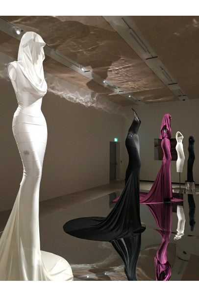 1998 Azzedine Alaia Black Knit Hourglass Halter Bias-Cut Trained Gown