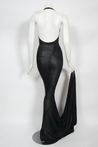 1998 Azzedine Alaia Black Knit Hourglass Halter Bias-Cut Trained Gown