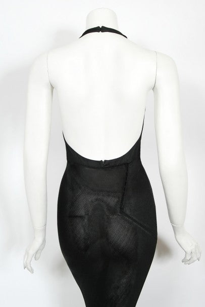 1998 Azzedine Alaia Black Knit Hourglass Halter Bias-Cut Trained Gown