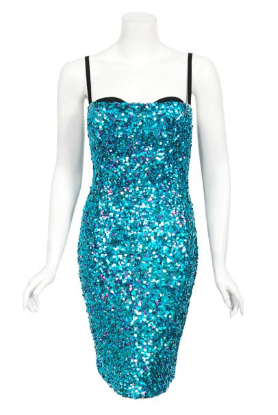 2000 Dolce & Gabbana 'Legally Blonde' Blue Sequin Bodycon Bra Mini Dress 2000 Dolce & Gabbana 'Legally Blonde' Blue Sequin Bodycon Bra Mini Dress