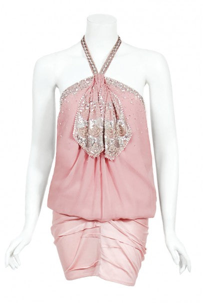 dior pink mini dress 2003 Christian Dior by Galliano Beaded Pale Pink Silk Flapper Mini Dress