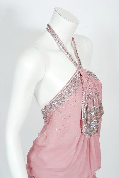2003 Christian Dior by Galliano Beaded Pale Pink Silk Flapper Mini Dress