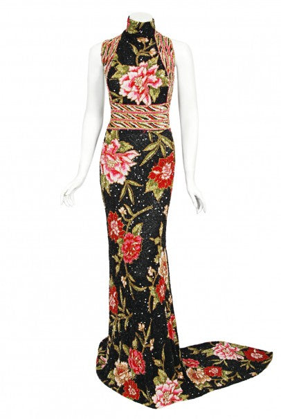 2004 Iconic Whitney Houston Custom Couture Fully Beaded Floral Silk Trained Gown
