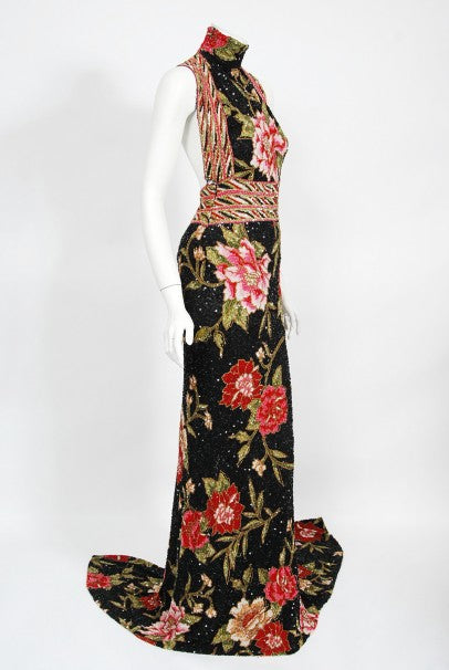 2004 Iconic Whitney Houston Custom Couture Fully Beaded Floral Silk Tr