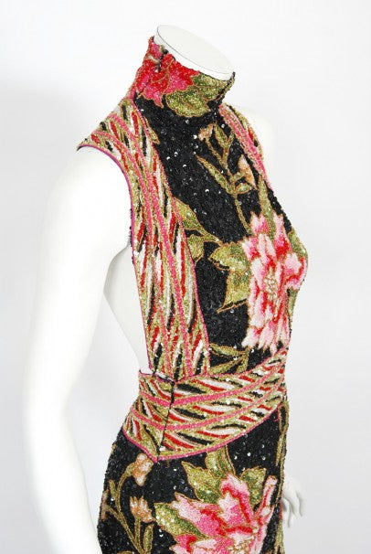 2004 Iconic Whitney Houston Custom Couture Fully Beaded Floral Silk Trained Gown