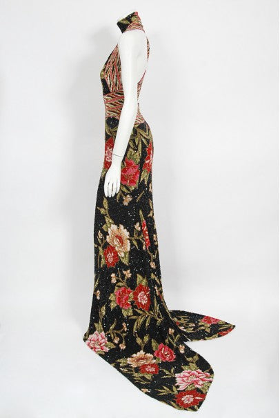 2004 Iconic Whitney Houston Custom Couture Fully Beaded Floral Silk Trained Gown