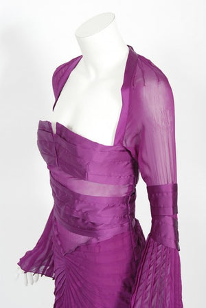 2004 Gucci by Tom Ford Pleated Purple Silk Bell Sleeve Cut-Out Dress