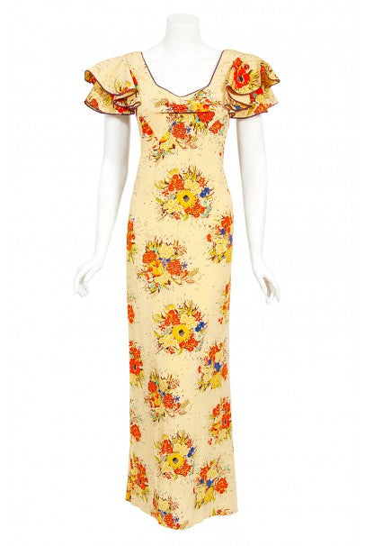 1930s Marigold Floral Garden Print Silk Flutter-Sleeve Maxi Dress