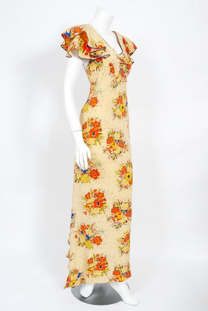 1930s Marigold Floral Garden Print Silk Flutter-Sleeve Ruffle Maxi Dress