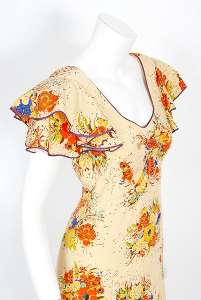 1930s Marigold Floral Garden Print Silk Flutter-Sleeve Ruffle Maxi Dress