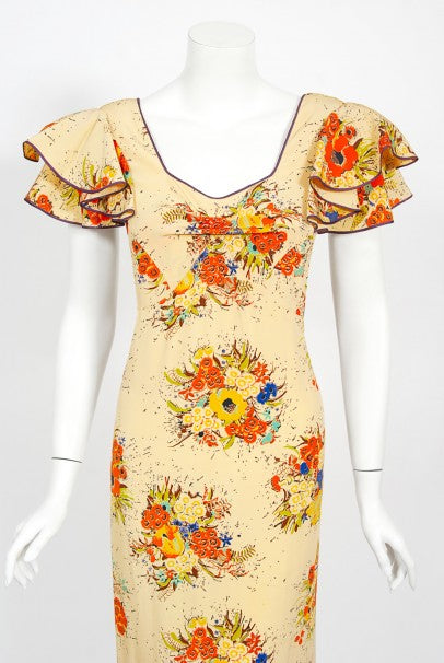 1930s Marigold Floral Garden Print Silk Flutter-Sleeve Ruffle Maxi Dress