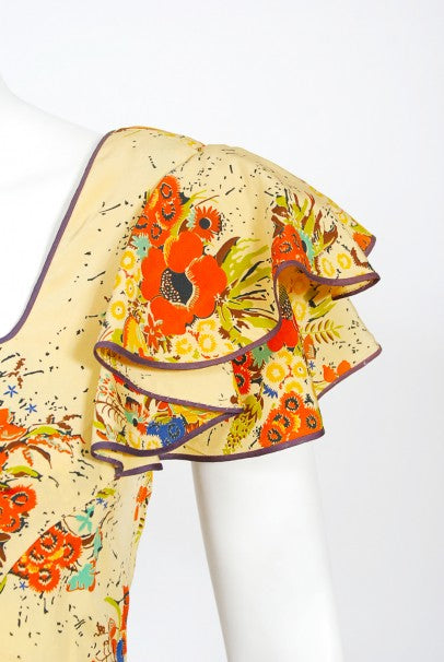 1930s Marigold Floral Garden Print Silk Flutter-Sleeve Ruffle Maxi Dress