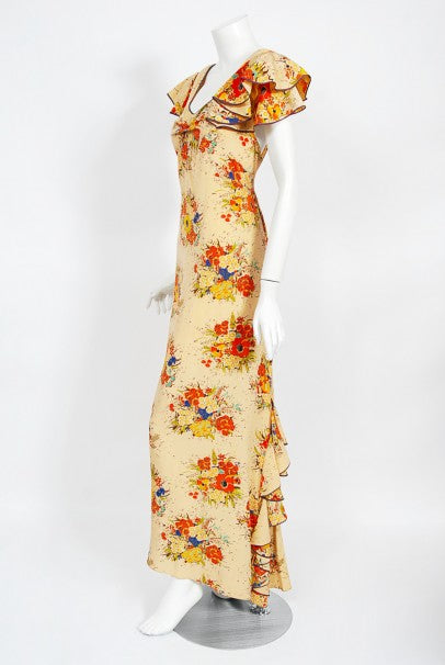 1930s Marigold Floral Garden Print Silk Flutter-Sleeve Ruffle Maxi Dress
