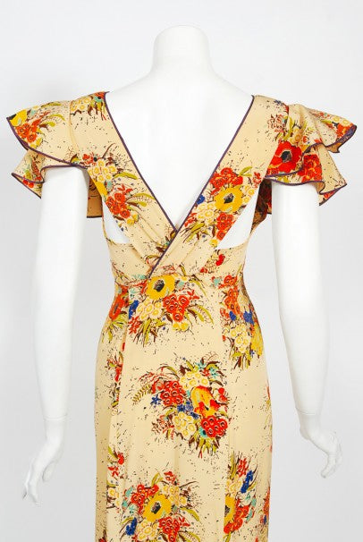 1930s Marigold Floral Garden Print Silk Flutter-Sleeve Ruffle Maxi Dress